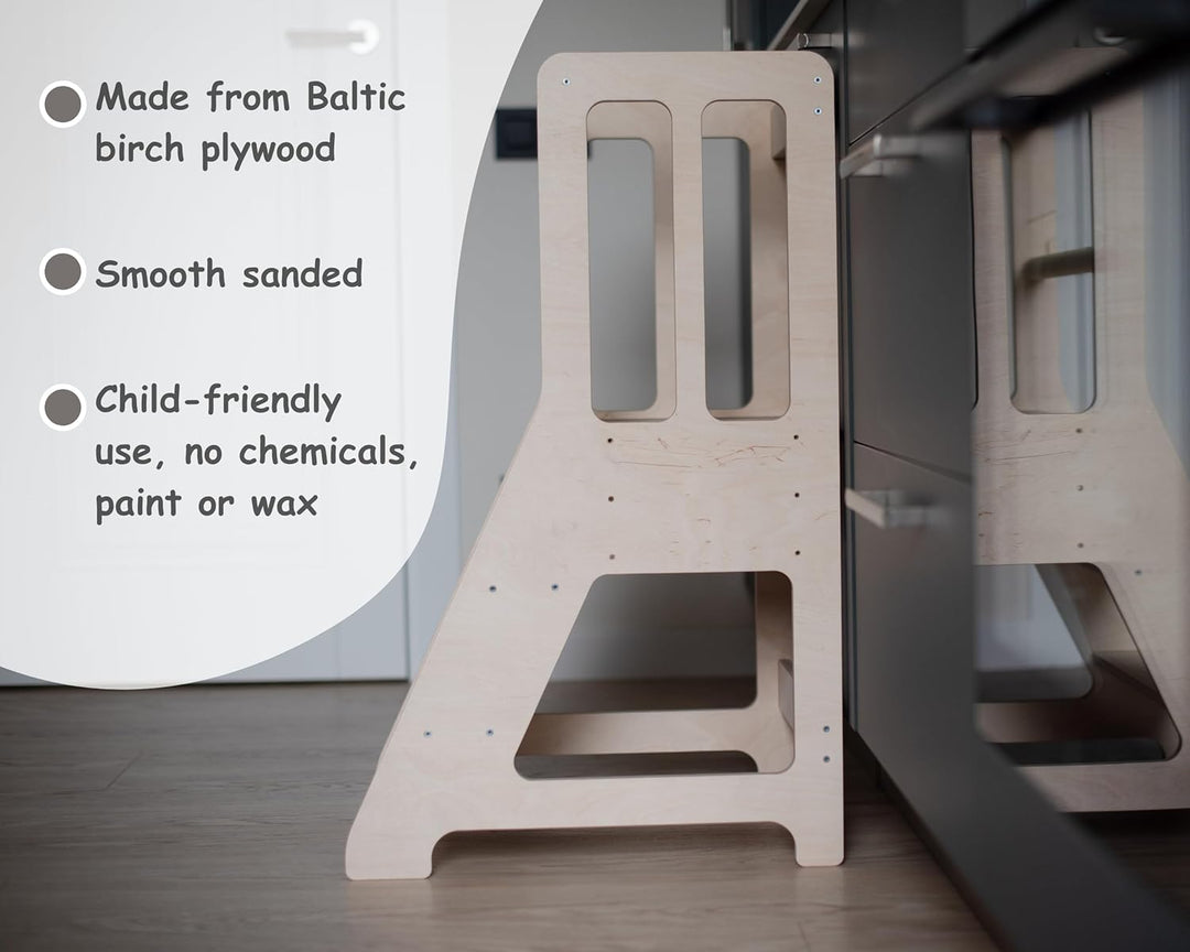 Montessori Lernturm für Kleinkinder - Verstellbarer 3-stufiger Küchenhocker Helfer - Baltisches Birk
