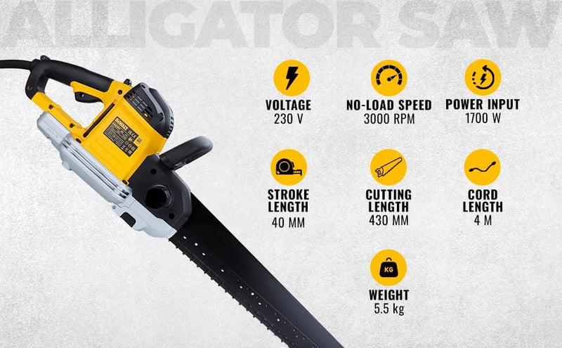 DeWalt Alligator Spezial-Säge (1700W für Hochlochziegel – Mit 430 mm Schnittlänge und Doppelsägeblat