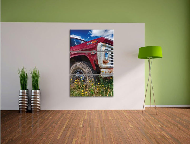 Pixxprint USA Truck auf Blumenwiese 3Teiler 120x80 cm Leinwandbild Wandbild Kunstdruck
