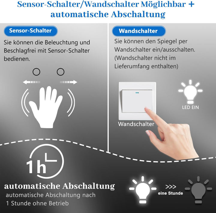 Badspiegel mit Sensor Schalter 70×50 cm Kalt/Neutral/Warmweiss, Beschlagfrei,dimmbar, Memory, eine S