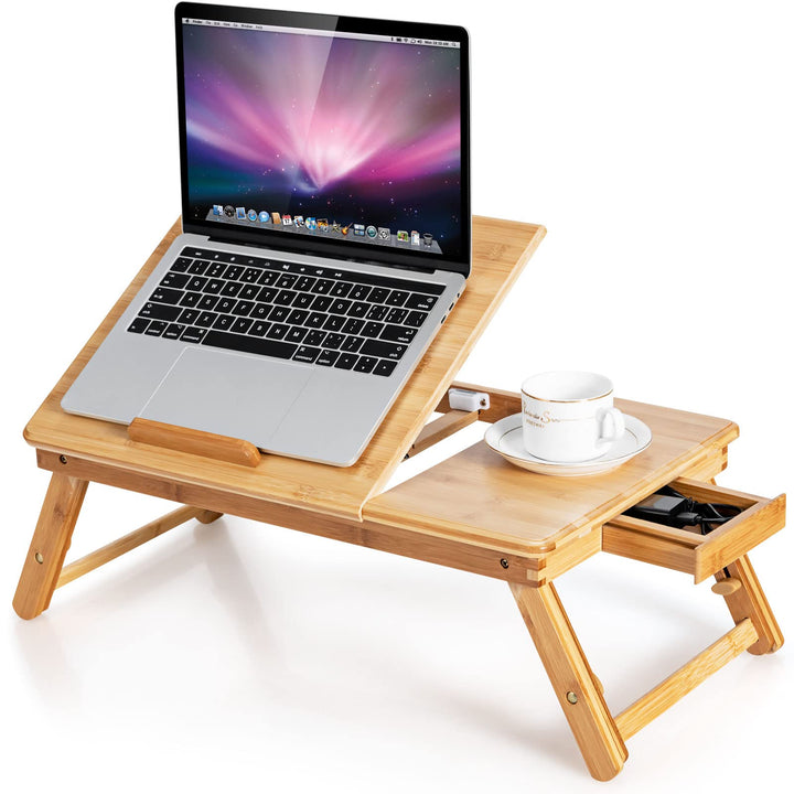 COSTWAY Bambus Laptoptisch klappbar, Notebooktisch höhenverstellbar & neigbar & belüftet, Lapdesk mi