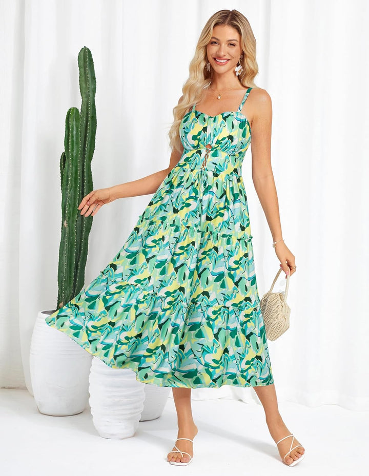 Damen A-Linie ärmellos Kleid rückenfrei Freizeitkleid Blumenmuster Blume M Grün Gelb Blume, M Gr&#