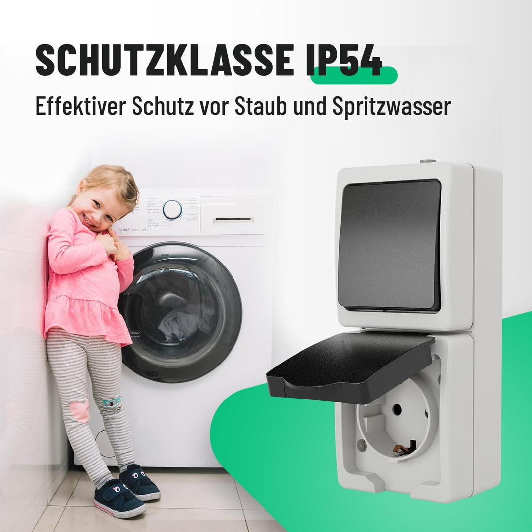 greate 6x Aufputz Schalter Steckdose Kombination mit IP44 für Feuchtraum - Steckdose Aufputz mit Wec