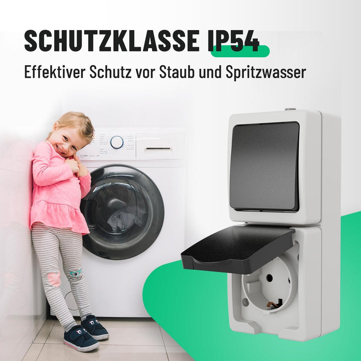 greate 6x Aufputz Schalter Steckdose Kombination mit IP44 für Feuchtraum - Steckdose Aufputz mit Wec