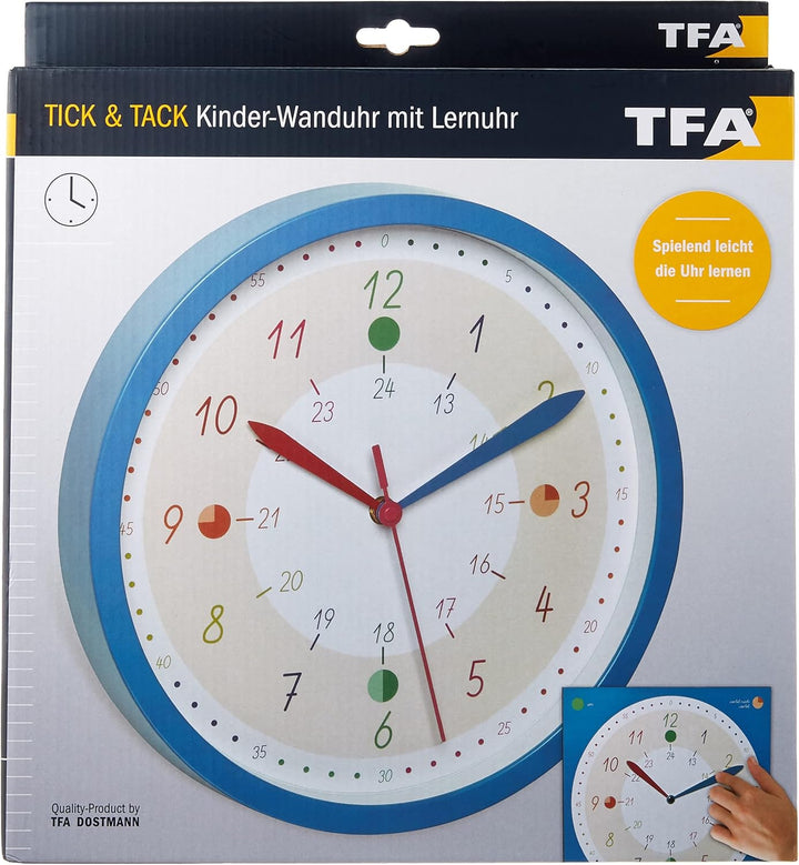 TFA Dostmann Kinder-Wanduhr mit Lernuhr TICK & TACK, 60.3058.06.91, für Jungen & Mädchen, Uhrzeit Le