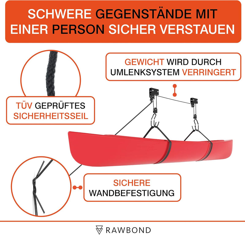 RAWBOND® Universal Deckenlift für bis zu 57 kg - Praktischer Fahrradlift mit Seilzug für deine Garag