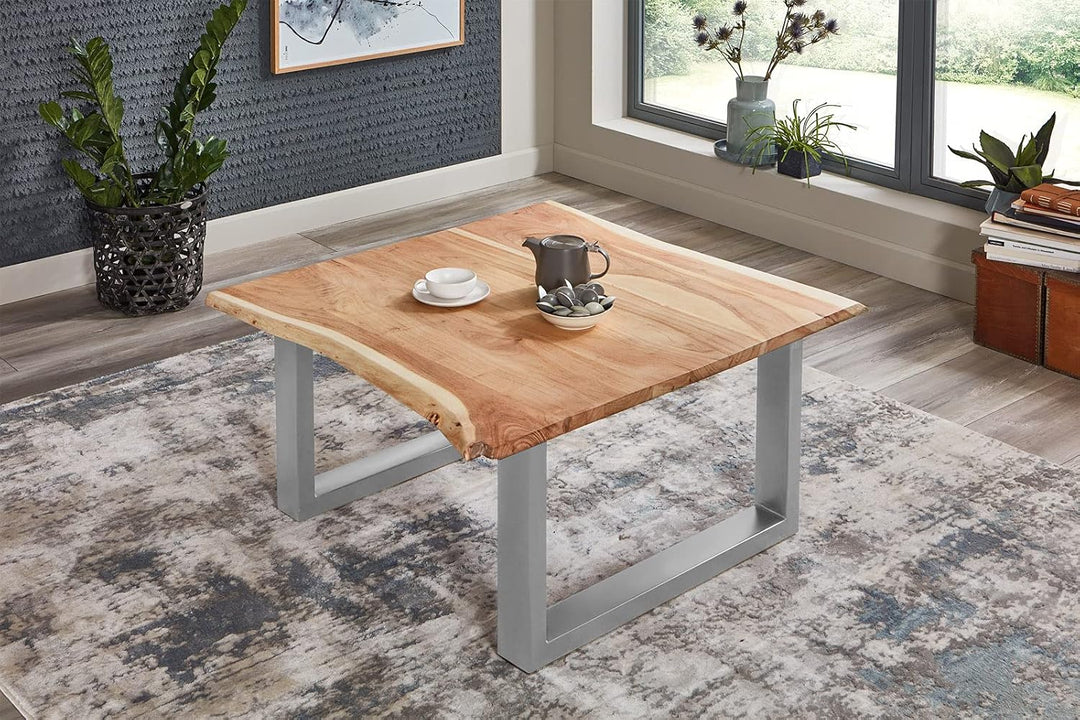 SAM Couchtisch Billy 80x80 cm Akazie Natur U-Gestell Silber | Baumkantentisch massiv, Akazienholz na