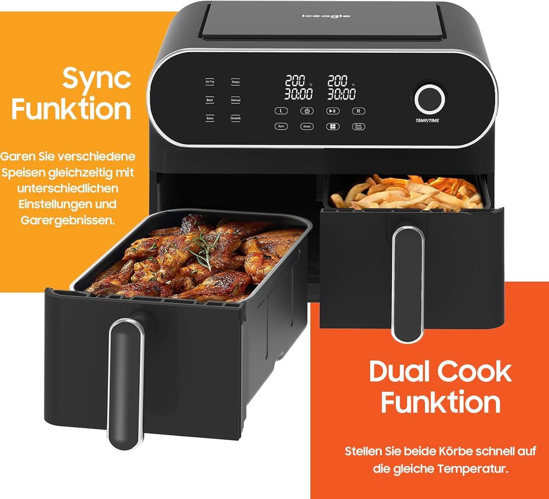 iceagle Heissluftfritteuse 2 Kammern Airfryer XXL 11L - 1700 W Heissluftfritteuse mit 2 Fächer | Dua