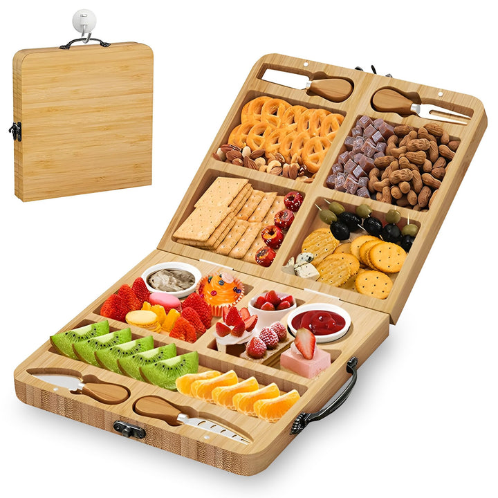 Käseplatte Bambus Set, Grosse Servierplatte mit 4 Käsemessern & 2 Schälchen, Klappbares Käsebrett &