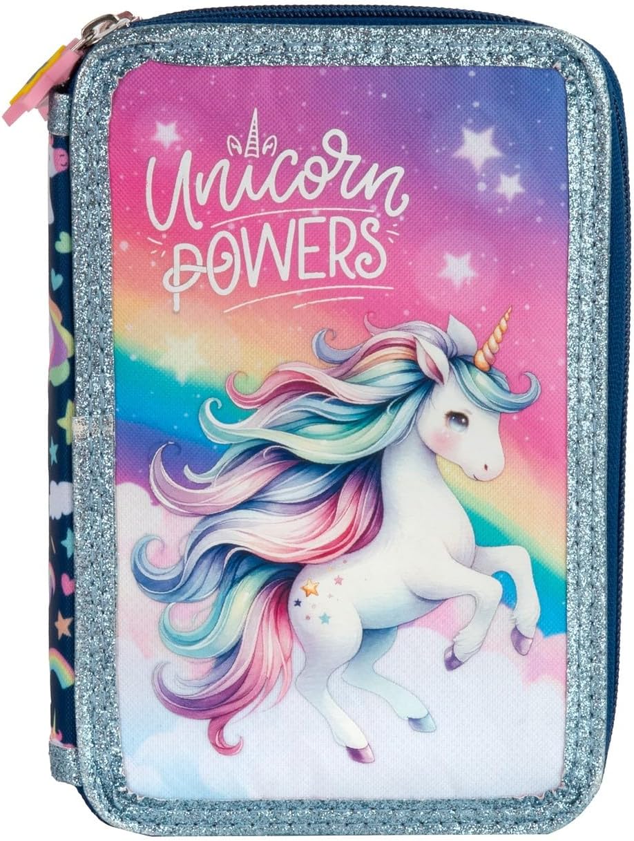 Ragusa-Trade Pferde Einhorn Unicor, 2-Fach Federtasche Federmappe, 27 TLG. gefüllt für Kinder Jungen