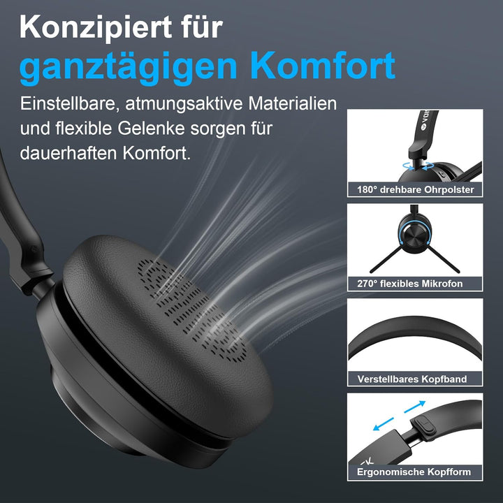 Voistek Kabelloses Bluetooth Headset mit Mikrofon & Rauschunterdrückung, USB Dongle für PC, Ladestat