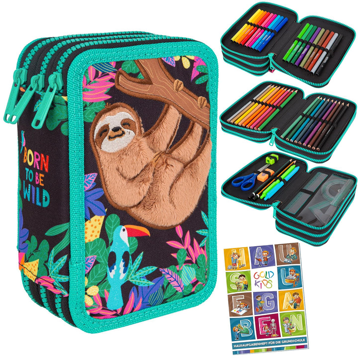 Goldkids Federtasche 3-fache Federmappe Schülerplaner Faultier Federmäppchen 46-teilig gefüllte Schü