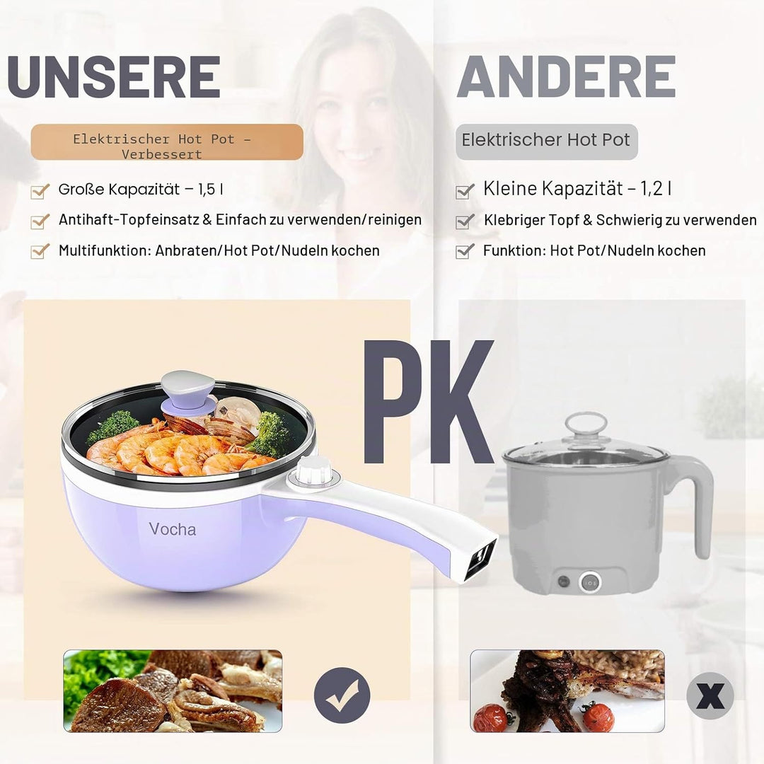 Vocha Elektrische Pfannen, 1,5 L Hot Pot Kleine, Antihaft Elektro Bratpfanne für Reise/Wohnheim, Tra