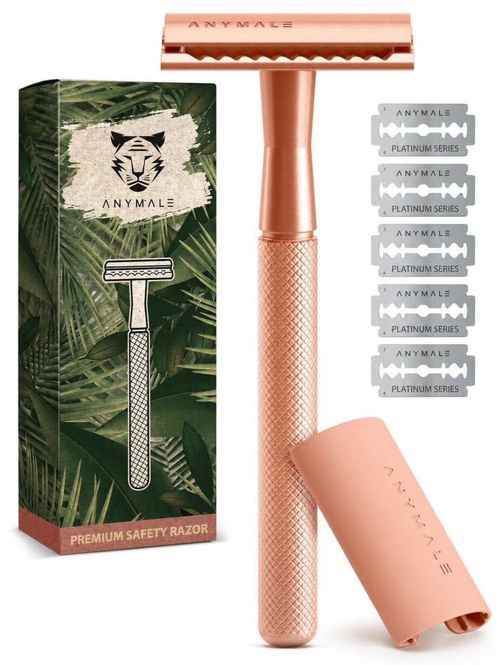 ANYMALE® Rasierhobel Rosegold Edition - inklusive 5 ASTRA Klingen - Plastikfreier Damen Rasierer aus