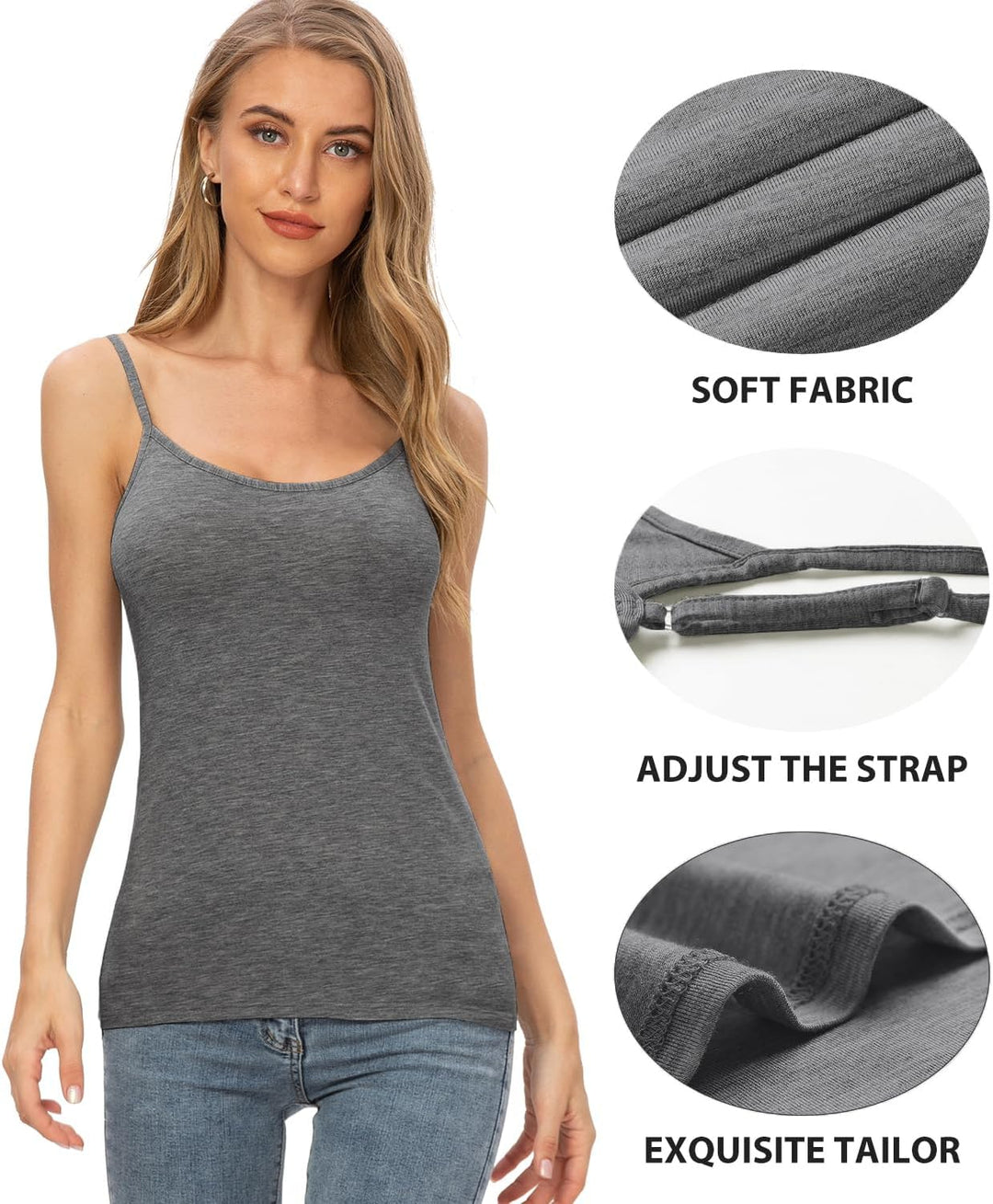 Knuffnee Damen Unterhemden Verstellbare Spaghetti Tops Basic Cami Tank Top 4er Pack L Schwarz/Dunkel