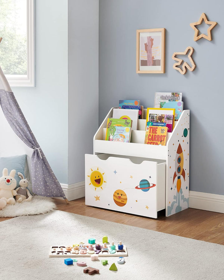SONGMICS Spielzeugregal, Bücherregal für Kinder, Kinderzimmerregal mit 3 Fächern und herausziehbarer