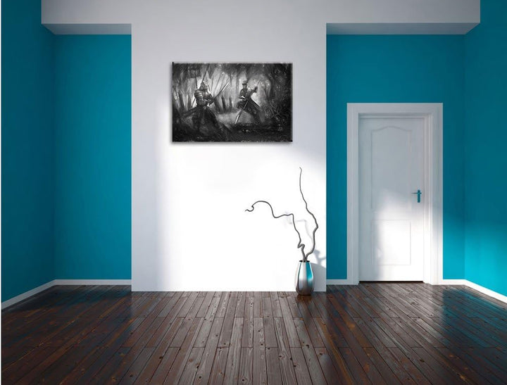 Pixxprint Kampf zwischen Samurai und Ninja als Leinwandbild/Grösse: 100x70 / Wandbild/Kunstdruck/fer
