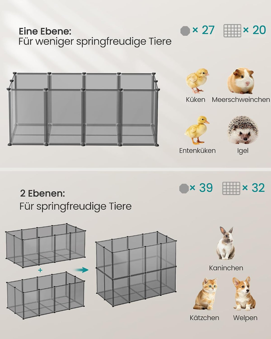SONGMICS Freigehege mit Bodenplatten, Laufstall, Meerschweinchen Gehege, aus Kunststoff, Gehege für