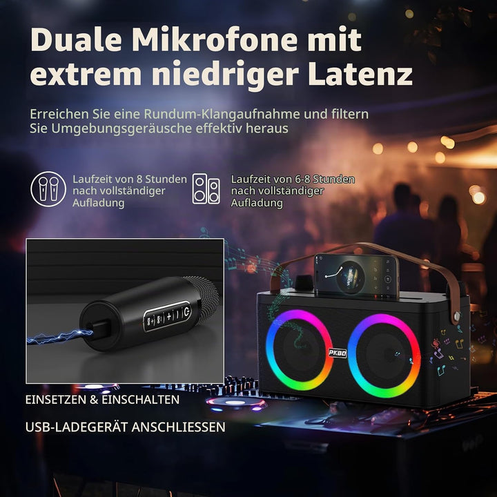 Karaoke Maschine mit Telefon-/Pad-Halterung, Tragbarer Bluetooth-Lautsprecher mit 2 kabellosen Mikro