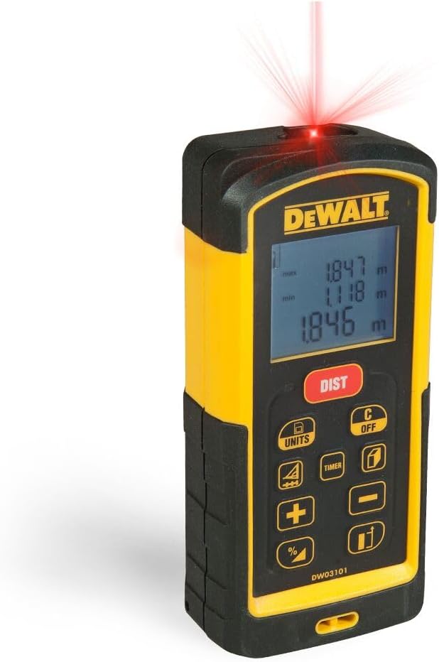 DeWalt Laser-Distanzmesser (635 nm, Laserklasse 2, für Längen-, Flächen- und Volumenmessung, in Mete