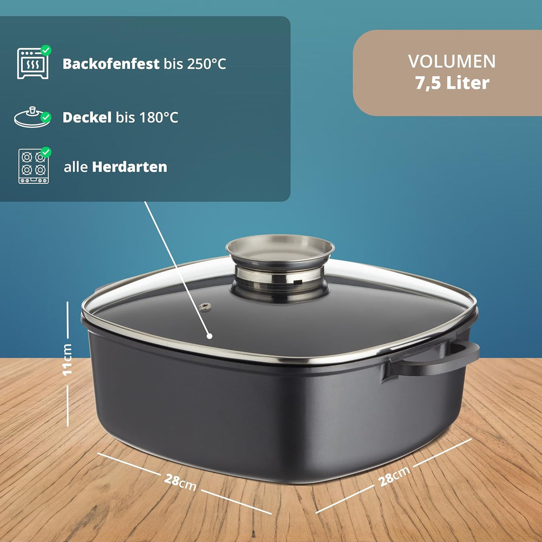 KHG Aluminium Bräter mit Glasdeckel & Aromaknopf 28x28 cm Quadratisch 7,5 L - ILAG Xeradur®5 Antihaf