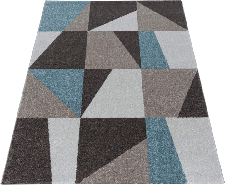 Modern Designer Kurzflor Teppich, Geometrische Karo Design, Läufer Teppich, Braun - Beige - Blau Far