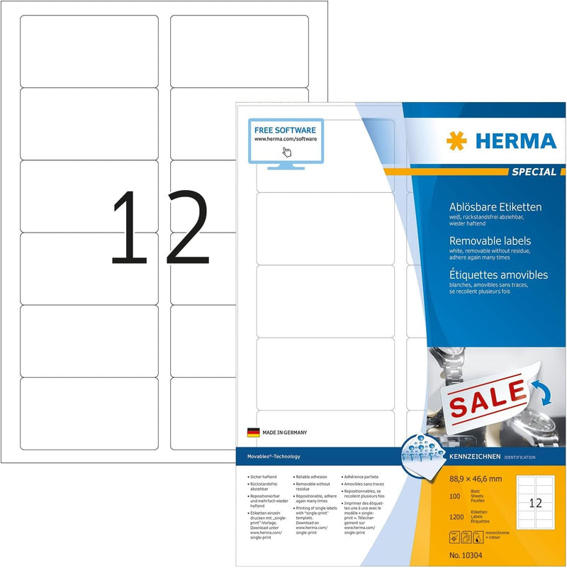 HERMA 10304 Universal Etiketten ablösbar, 100 Blatt, 88,9 x 46,6 mm, 12 Stück pro A4 Bogen, 1200 Auf