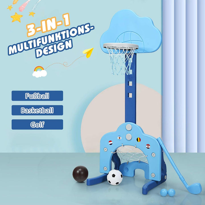 COSTWAY 3 in 1 Kinder Spielplatz, höhenverstellbarer Basketballkorb & Fussballtor & Golf, Basketball