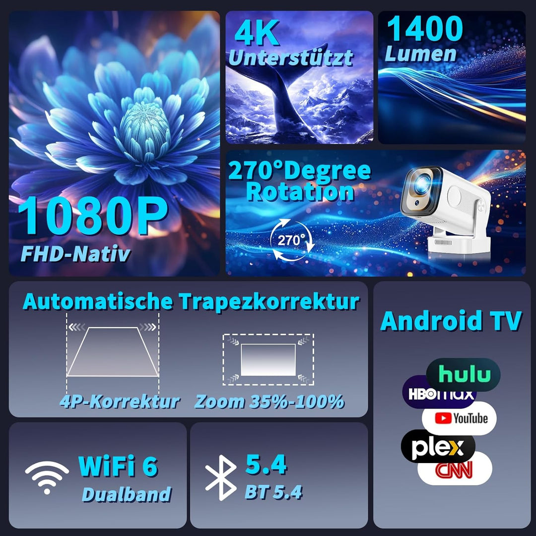 Mini Beamer 4K 1080P [2026 Neuer & Automatische Focus] Projektor Tragbarer mit WiFi 6 und Bluetooth