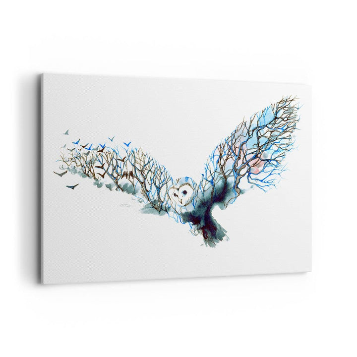 Bilder auf Leinwand 100x70cm Leinwandbild mit Rahmen Eule wild Wald Flug Gross Wanddeko Bild Schlafz