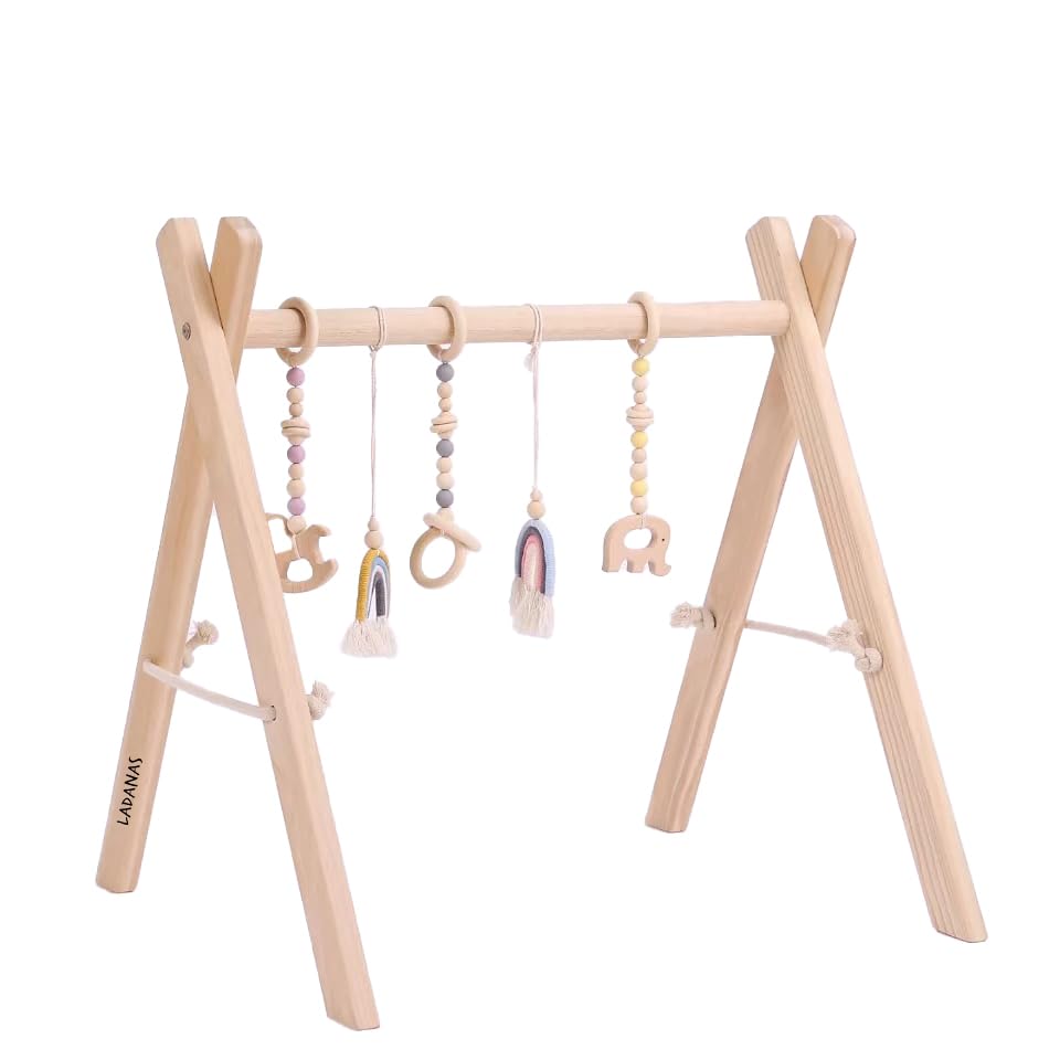 Spielbogen Baby Holz inkl. 5 Spielzeugen – Stabiler & Klappbares Spieltrapez
