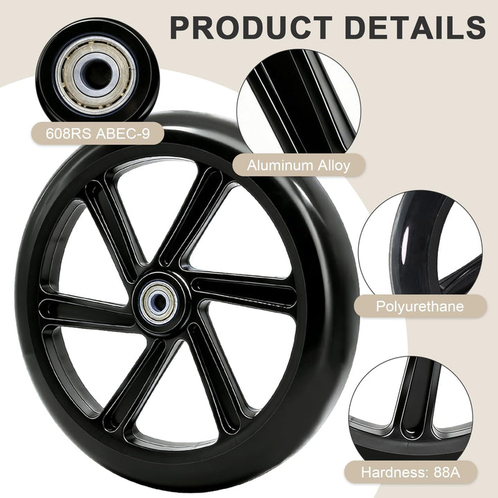 2 Stück 200mm Scooter Rollen, City-Scooter Ersatzräder Räder mit ABEC-9 Lager, Anti-Rutsch Roller Rä