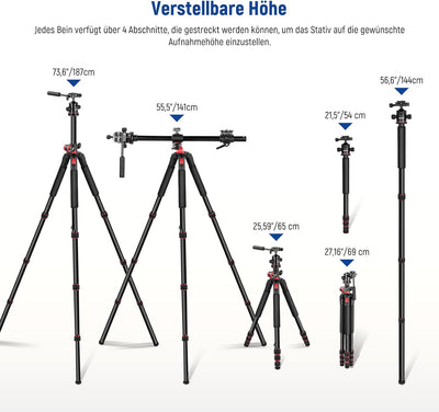 NEEWER 73,6" Horizontal Stativ Multi Winkel Mittelsäule, Kugelkopf und Mittelachse Plattform, Alumin