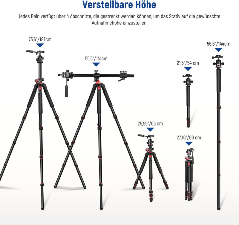 NEEWER 73,6" Horizontal Stativ Multi Winkel Mittelsäule, Kugelkopf und Mittelachse Plattform, Alumin