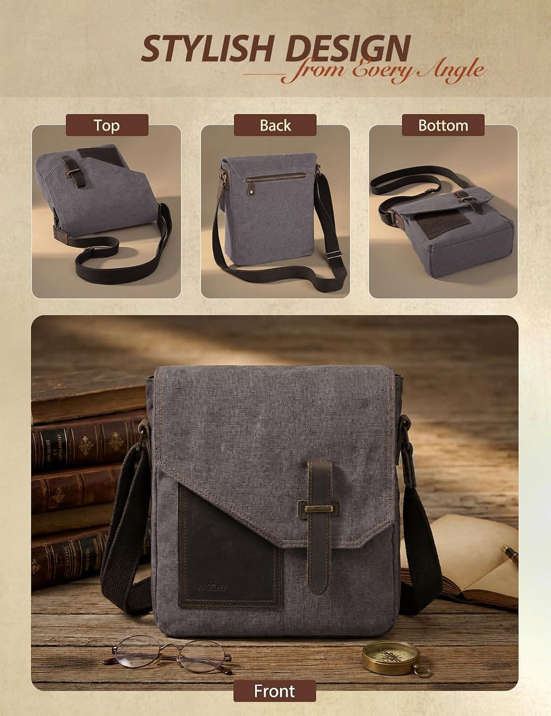 VASCHY Umhängetasche Herren mit RFID-Schutz,Vintage Messenger Bag Herrentasche Schultertasche Kurier