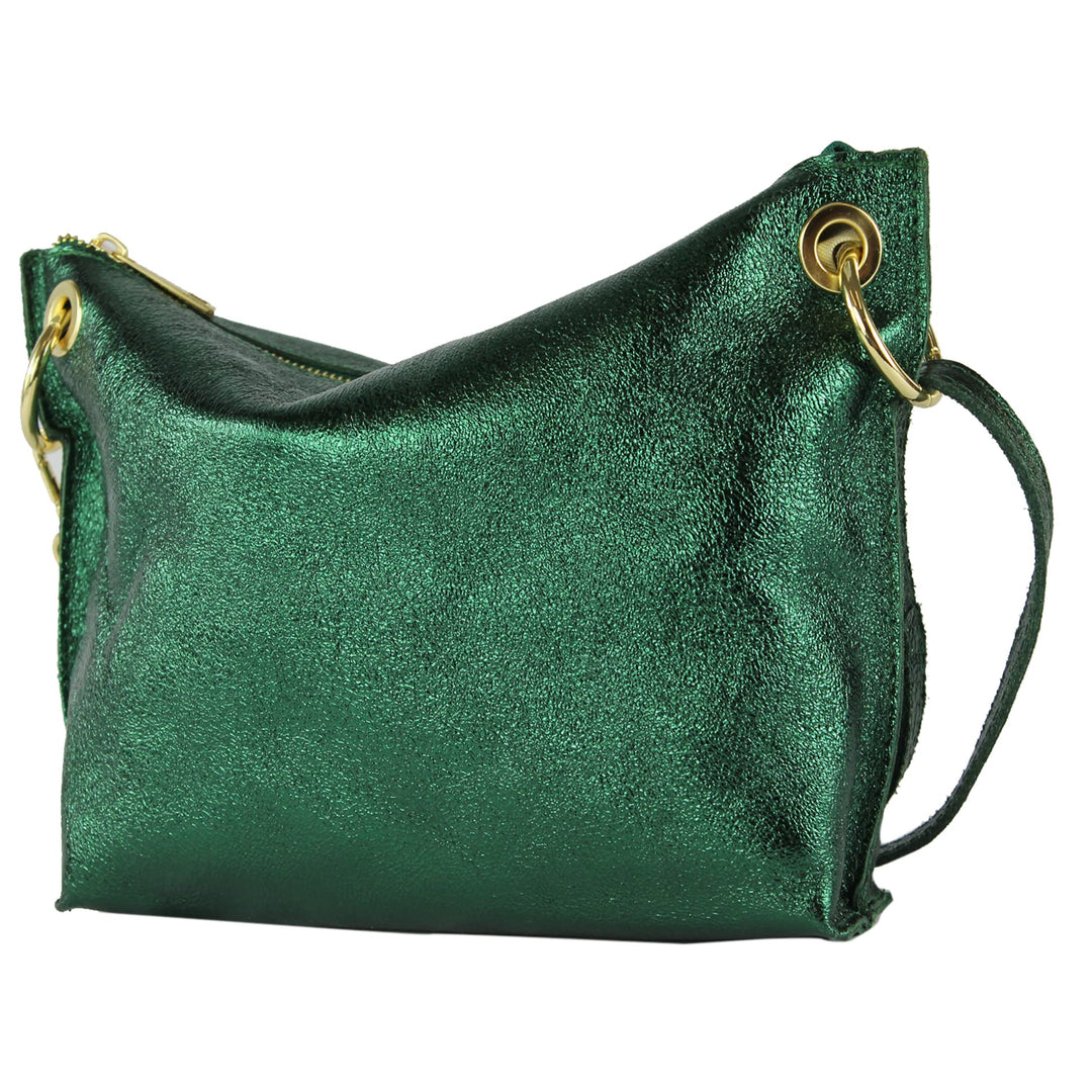 modamoda de - T243 - ital. Umhängetasche Klein Small aus Leder Flaschengrün-metallic, Flaschengrün-m