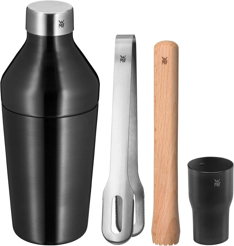 WMF Baric Cocktail Set 4-teilig, Barset mit Edelstahl Cocktail Shaker, Barmass, Eiszange, Holz Stöss