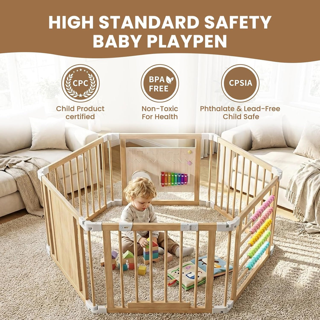 Laufstall Baby Holz mit Spielcenter – 160x80x61cm Verstellbare Grösse &amp; Form Laufgitter, Faltbarer L