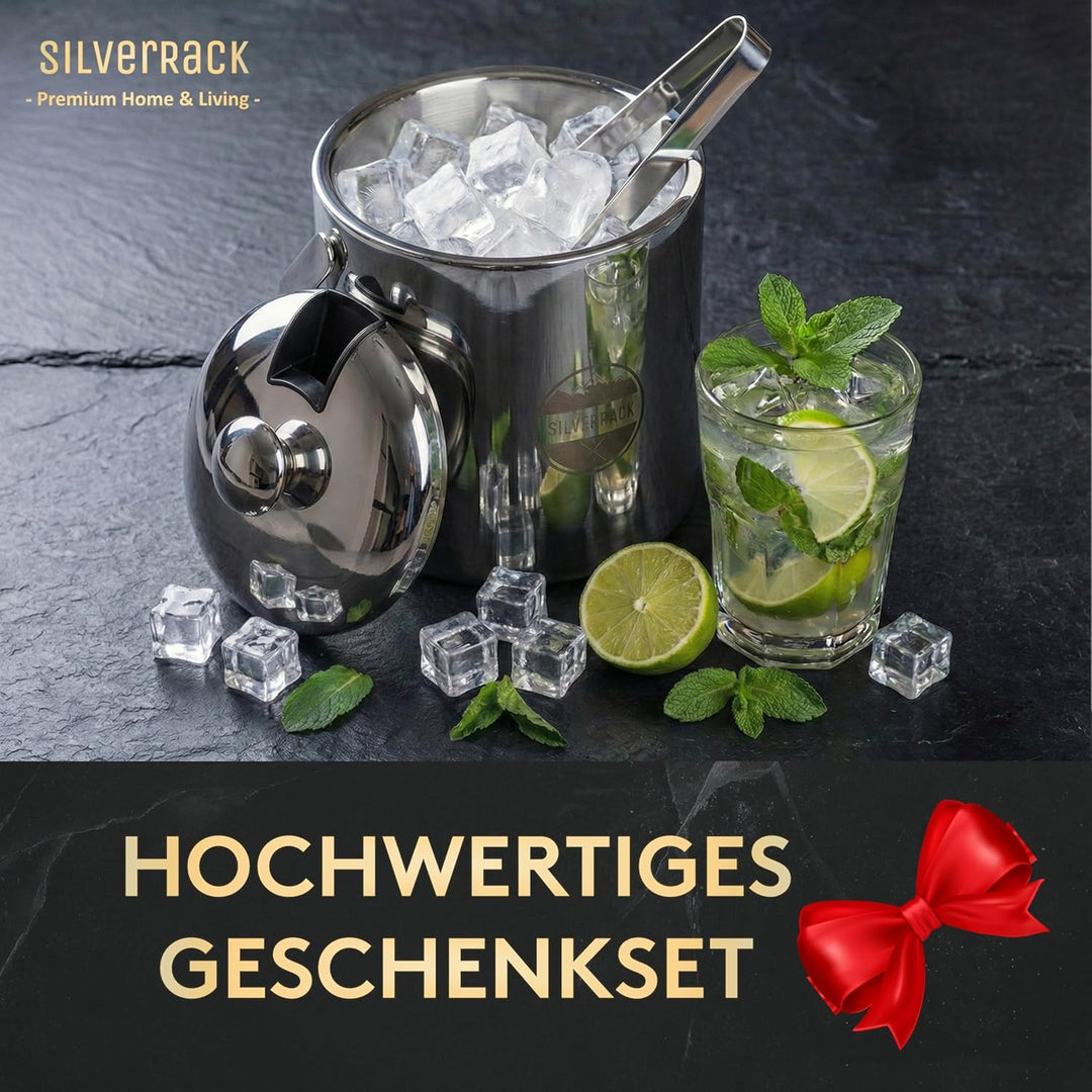 SilverRack Edelstahl Eiswürfelbehälter mit Deckel u. Zange [1,3l] - Eisbehälter für Eiswürfel perfek