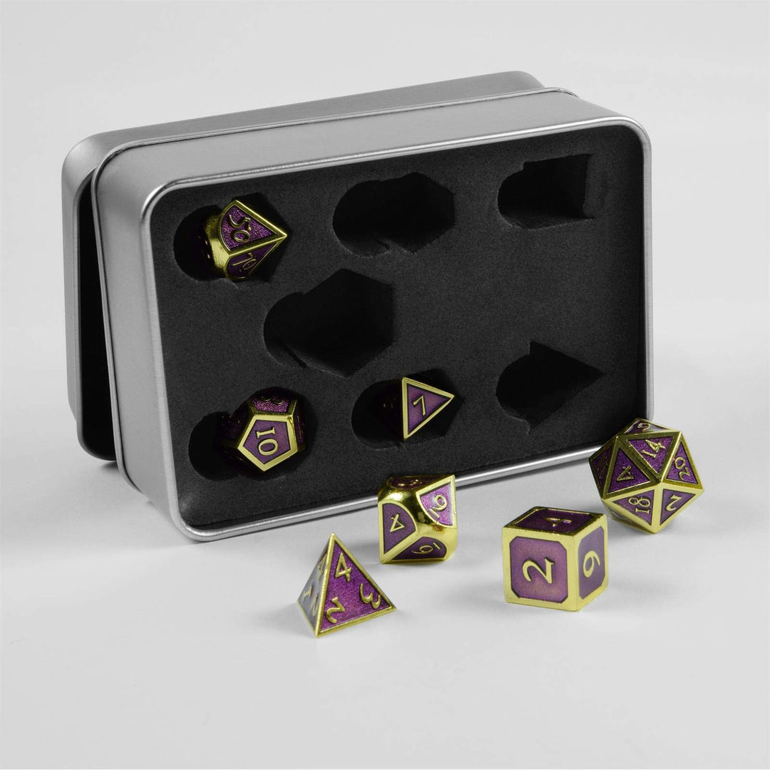 shibby 7 polyedrische Metall-Würfel für Rollen- und Tabletopspiele in Steampunk Gold-Lila-Optik inkl