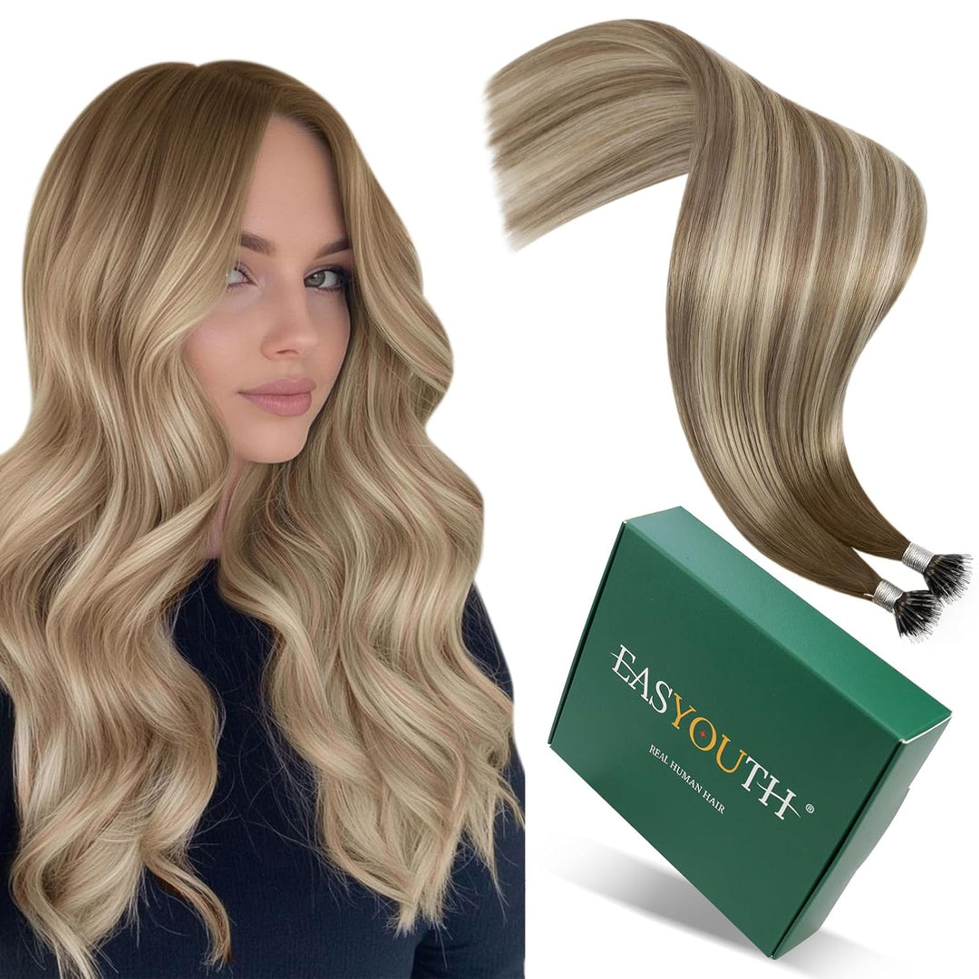 Easyouth Extensions mit Nanoring Echthaar 20 Zoll 50 Stück 50g Farbe Dunkelbraun tu Aschbraun Mix Mi