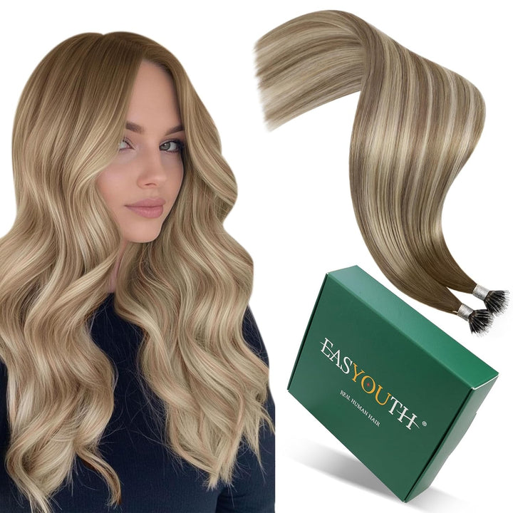 Easyouth Extensions mit Nanoring Echthaar 20 Zoll 50 Stück 50g Farbe Dunkelbraun tu Aschbraun Mix Mi