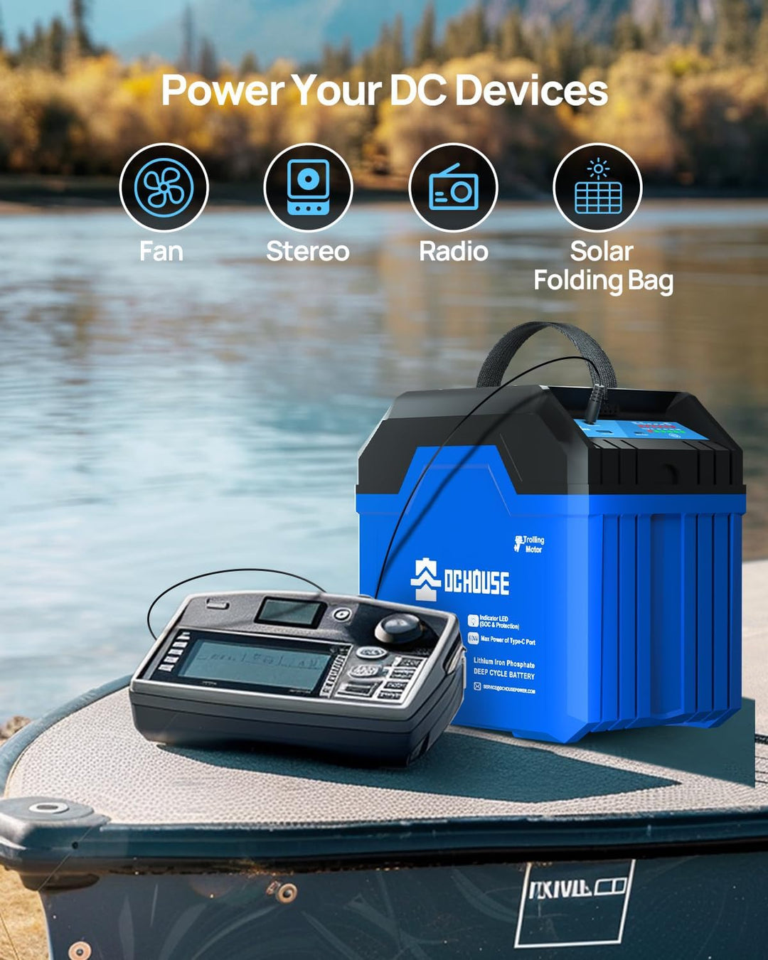 DCHOUSE Bluetooth Lithium Batterie 12V 100AH LiFePO4 mit Leuchte,USB-A, DC,USB-C Anschlüssen, 100A B
