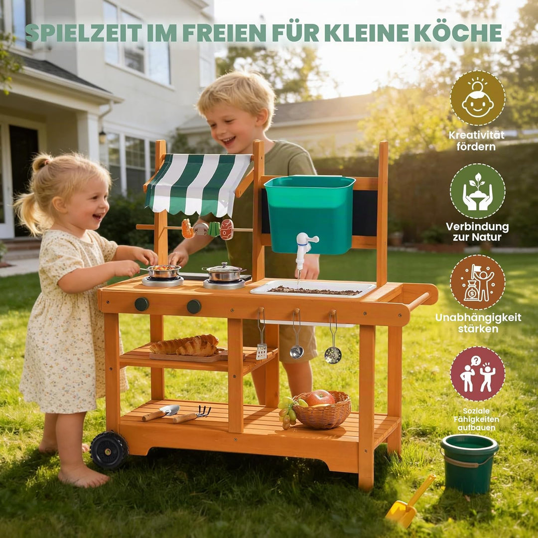 ROBUD Matschküche Kinder Outdoor, Holz Spielküche mit Rädern, Grill, grossem Wassertank & Echtem Was