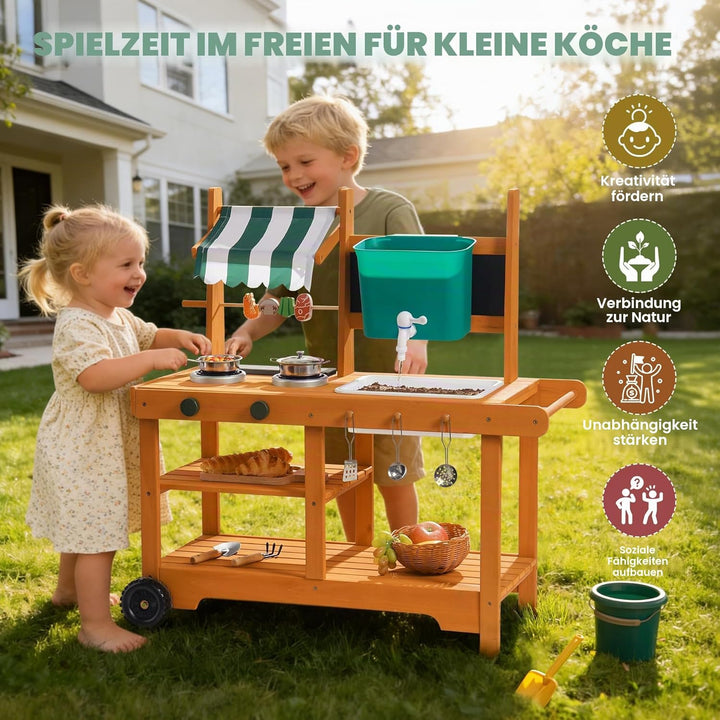 ROBUD Matschküche Kinder Outdoor, Holz Spielküche mit Rädern, Grill, grossem Wassertank & Echtem Was