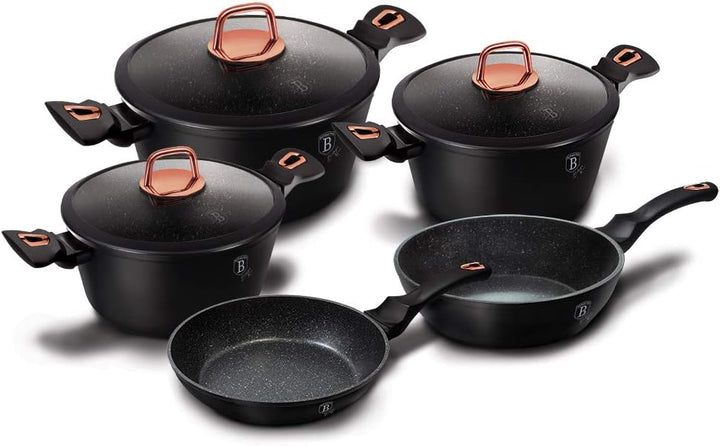 Topfset, Schwarz, Rosa, Marmor-Beschichtung, Aluminium, Turbo-Induktion, 10-teilig