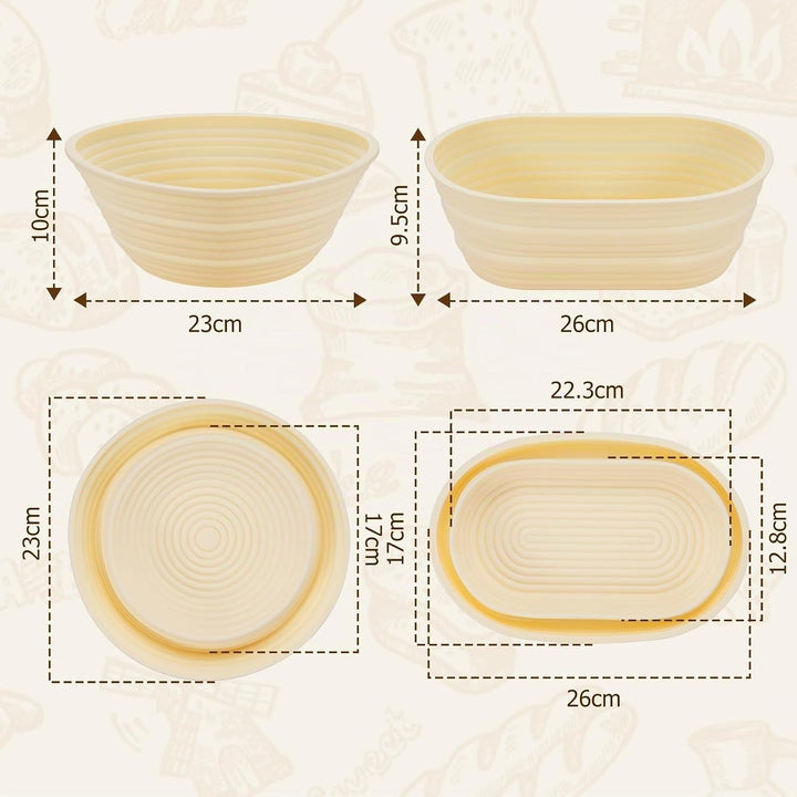 Brotgärkorb Set 10 teilig Silikon – rund 23cm &amp; oval 25cm Gärkorb für Sauerteig, Brotbackset mit Tei