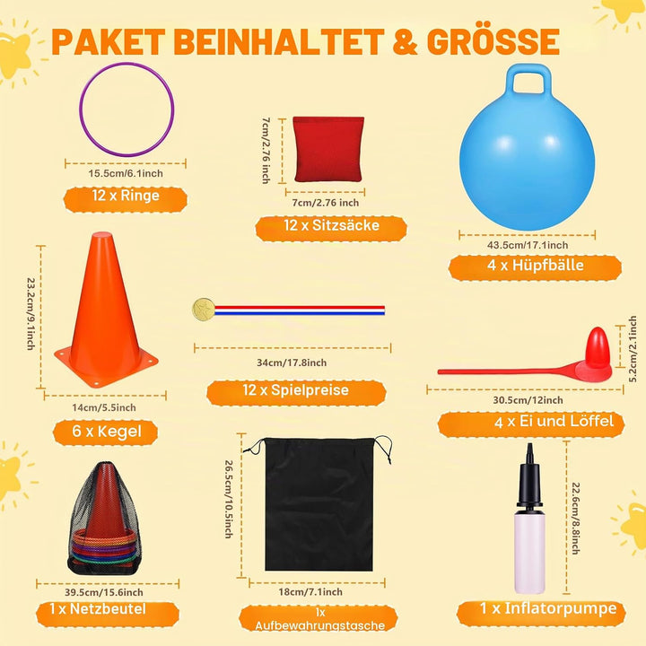CWLAKON Outdoor-Karnevalsspiele, 53 Stück, Hopper-Bälle für Kinder, weiche Kunststoff-Kegel, Sitzsäc