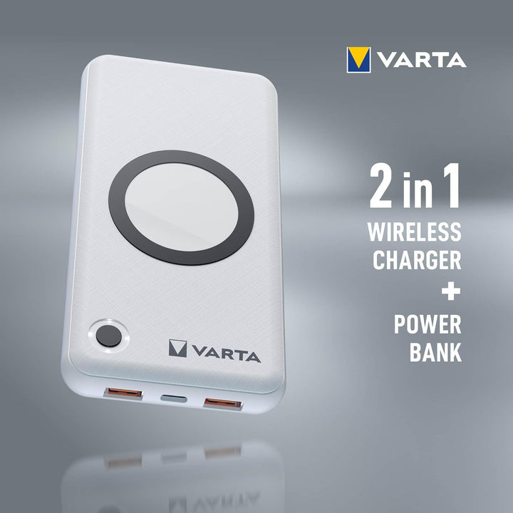 VARTA 2 in 1 Power Bank und Wireless Charger, kabelloses Ladegerät, Powerbank 15000mAh, LED Ladestan