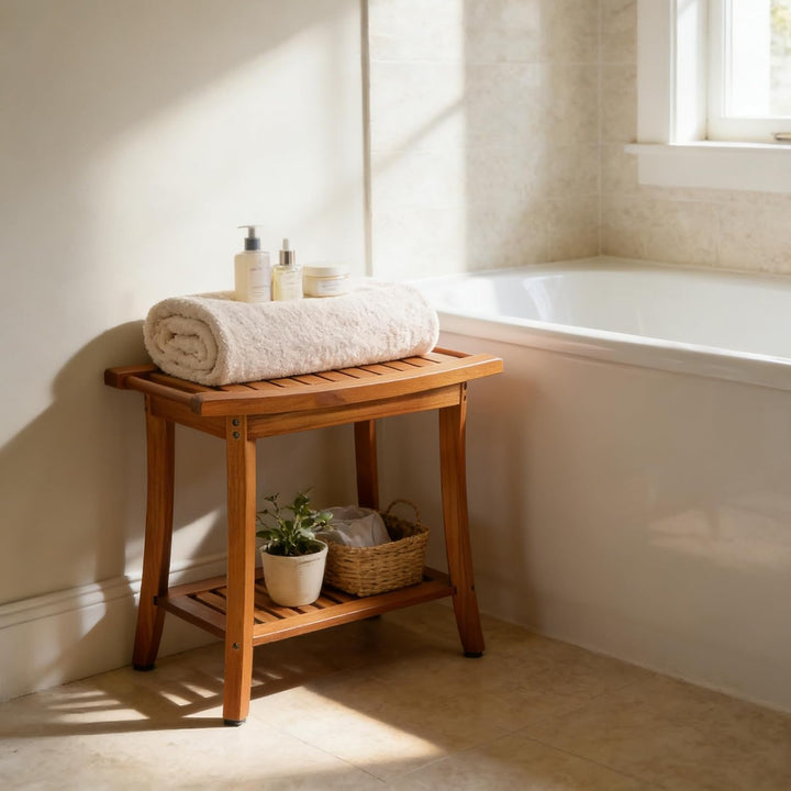Utoplike Teak Dusche Sitz mit Griffen, tragbare hölzerne Spa Badehocker mit Lagerung Handtuch Regal,